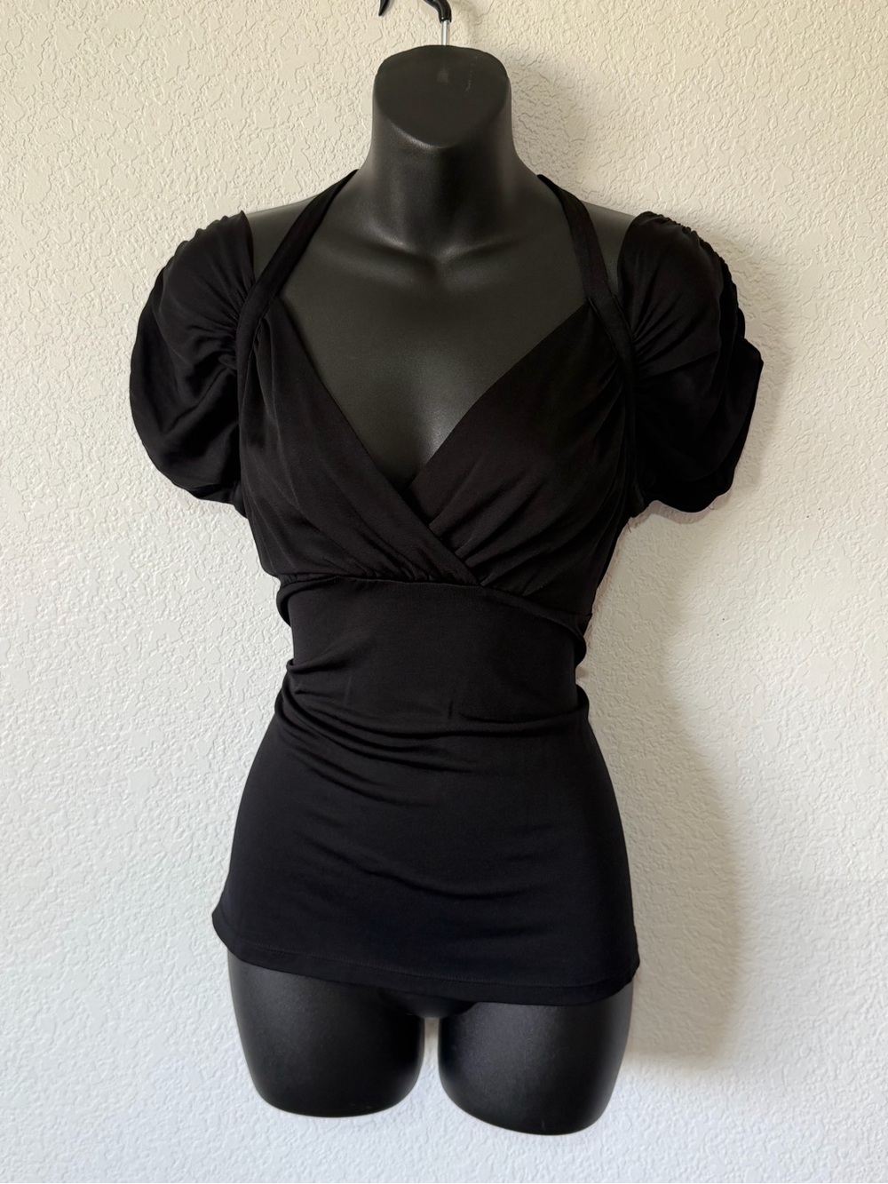 Y2K Slinky Black Plunge Ruched Top w/ Cap Sleeves